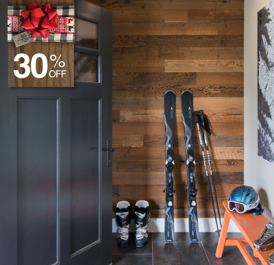 Reclaimed Sierra Silver on entryway wall behind ski gear with 30% off tag